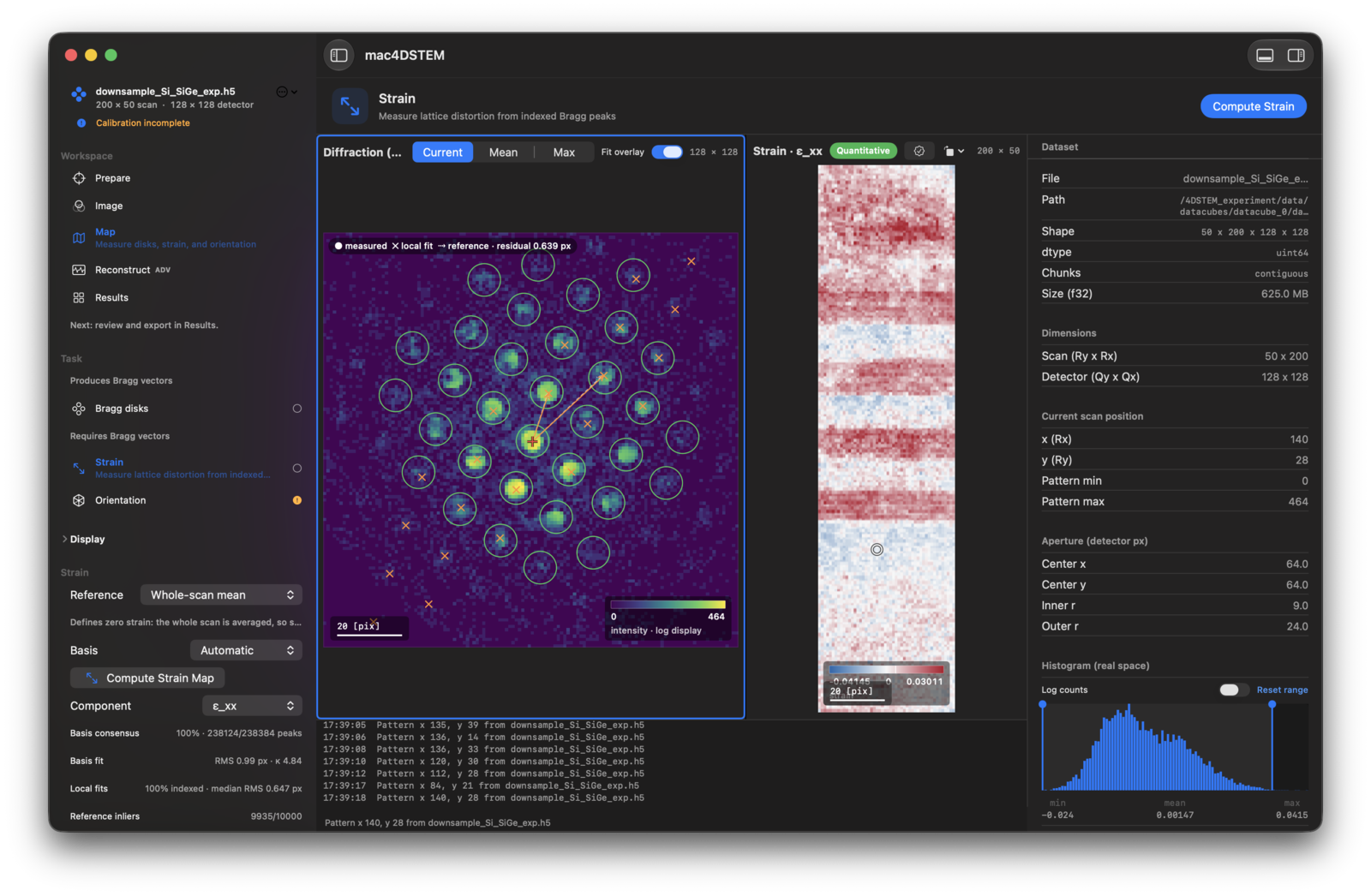 The mac4DSTEM strain workspace. A convergent-beam diffraction pattern with detected Bragg disks and lattice fit overlay sits beside the resulting epsilon-xx strain map, with dataset metadata, calibration, and fit diagnostics in side panels.